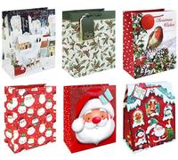 Set of 6 Large Gift Bags with Handle & Tag - Mixed Cute and Traditional Christmas Designs
