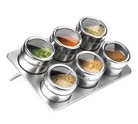 SET OF 6 MAGNETIC SPICE JARS RACK STAINLESS STEEL TRIANGULAR/OBLONG TRAY HOLDER