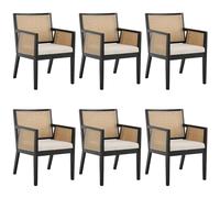 Set of 6 Mid Century Modern Rattan Back Dining Chairs with Arms, Cream Linen Upholstered Kitchen Side Chairs, Black Wooden Frame for Dining Room Decor