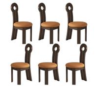 Set of 6 Modern Dark Walnut Dining Chairs - Comfortable Upholstered Design Unique Shape & Supportive Backrest for Kitchen & Living Room Stylish Orange Accents