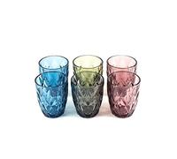 Set of 6 Multi-Coloured Diamond Glass Tumblers, 300ml Coloured Drinking Glasses for Water, Juice & Cocktails, Modern Textured Glassware Set, Dishwasher Safe
