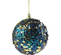 Set Of 6 Opulent Glitter Encrusted Blue Gold Sequin Christmas Tree Baubles Decorations