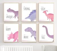 Set of 6 Pink and purple Dinosaurs Nursery Prints Nursery wall art prints Home Decor (A4)