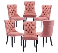 Set of 6 Pink Velvet Dining Chairs with Tufted Design Solid Wood Legs Padded Foam Backrest & Ring Pull Ideal for Modern Restaurant Home & Hotel Decor.