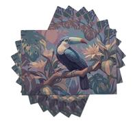 Set of 6 Placemats 45x30cm, Toucan On Branch Placemats Vintage Watercolor Animal Washable Place Mats Heat Resistant Cotton Linen Non-slip Place Mats for Kitchen Party Cafe Home Decor, Pink Green
