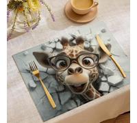 Set of 6 Placemats, Giraffe That Broke Through The Wall Placemats for Dining Table, Washable Linen Fabric Table Mats, Kitchen Dining Table Decoration Mats for Home Party, Fun Cartoons Design