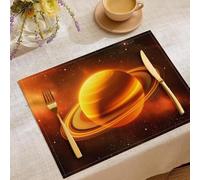 Set Of 6 Placemats, Solar System Planets Print Place Mats, Heat Resistant Fantasy Space Table Mats, Waterproof Orange Color Placemats for Kitchen Dining Room Table Indoor Outdoor, 45x30cm