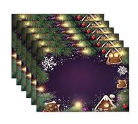 Set Of 6 Purple-Green Gingerbread Greens Seasonal Plants Placemats,Washable Linen Dining Table Mats For Xmas,Seasonal Farmhouse Home Party Indoor Kitchen Decoration