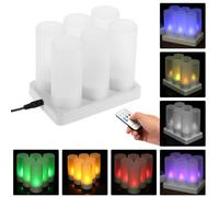 Set of 6 Rechargeable LED Color Changing Flickering Flameless Tealight Candles Lights with Remote Control USB 5V Frosted Cups Charging Base for Christmas Party Holiday Festivals Wedding