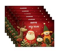 Set Of 6 Red Green Reindeer Spirit Cartoon Characters Placemats,Washable Linen Dining Table Mats For Xmas,Seasonal Farmhouse Home Party Indoor Kitchen Decoration