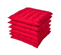 (Set of 6, Red) Plain Seat Pad with Button Straps 100% Cotton