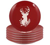 Set of 6 Red Reindeer Dishwasher & Microwave Safe Stoneware Plates - 20.5cm