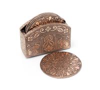 Set Of 6 Rose Gold Aluminium Coasters In Holder | Family Coasters With Holder Cup Mug Table Mats | Round Embossed Floral Drinks Coaster Set