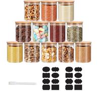 Set of 6 Round Glass Storage Jars, 200 ml, Storage Jars Glass with Bamboo Lid, Airtight, Spice Jars, Glass Set, Glass Container with Label for Cereals, Nuts, Powder (with 2 Stickers and a Pen)