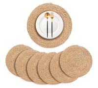 Set of 6 Round Woven Placemats - 30cm Rattan Placemats, Handmade Weave Cattail Placemat, Natural Straw Dining Table Mats Round Wicker Place Mats, for Dining Table Kitchen Restaurant Home Party