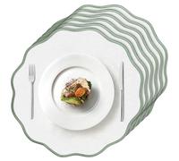 Set of 6 Scallop Linen Placemats, 15 Inch Light Green and White Round Placemats Cotton Linen Table Mats Handcrafted Machine Washable Wrinkle Free Dining Placemat for Hotel Restaurant Kitchen