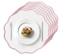 Set of 6 Scallop Linen Placemats, 15 Inch Pink and White Round Placemats Cotton Linen Table Mats Handcrafted Machine Washable Wrinkle Free Dining Placemat for Hotel Restaurant Kitchen