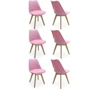 Life Interiors Set of 6 Scandinavian Dining Chairs Leather Cushions Solid Wood Legs in Pink Life Interiors Pink