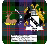 Set of 6 Scottish Clan With Crest Coat Of Arms Details and Tartan Depicted Blair Aluminium Coasters