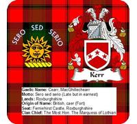 Set of 6 Scottish Clan With Crest Coat Of Arms Details and Tartan Depicted Kerr Aluminium Coasters