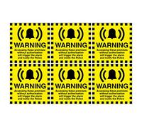 Set of 6 security signs. Warning accessing these premises without authorisation will trigger the alarm and notify the police. Size 120mm x 120mm Self Adhesive Stickers. Ideal for businesses and homes.