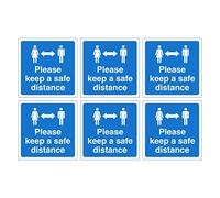 Set of 6 Social distancing Stickers. Please Keep a Safe Distance. Self Adhesive. Each Sticker is 120mm x 120mm.