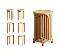 Set of 6 Stackable Wood Stools with Wheels 6-in-1 Round Nesting Dining Chairs & Side Table Versatile Coffee Table for Living Room Kitchen Bedroom & Balcony Cherry Finish