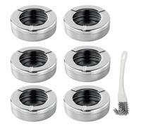 Set of 6 Stainless Steel Ashtray, Outdoor Ashtrays with Lid, Windproof Ashtray for Outside, Round, Rustproof and Easy to Clean, for Balcony, Home and Camping, with 1 Nylon Cleaning Brush