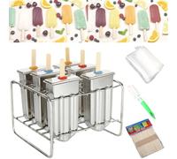 Set of 6 Stainless Steel Popsicle Molds Kit, Metal Popsicle Moulds,Homemade Ice Treat Makerwith 50 Wooden Sticks and 6 Silicone Seals and 20 Pop Bags,Cleaning Brush（semi-circular）