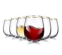 Set of 6 Stemless Wine Glasses with Gold Rim 17 oz Durable Wine Glasses Crystal Drinking Glasses Red Wine Glasses Drinkware for all Beverages, Party, Wedding and Catered Events