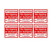 Set of 6 Stickers. Attention no Tipping or Dumping 24hr CCTV in Operation Signs. Ideal for lamp Posts, Garage Doors etc. Self Adhesive. Each Sticker is 120mm x 120mm.