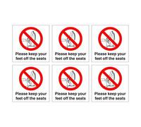 Set of 6 Stickers. Please Keep Your feet Off The Seats. Self Adhesive. Each Sticker is 120mm x 120mm.