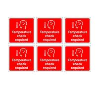 Set of 6 Stickers. Temperature Check Required. Stop The Spread of Germs and viruses. Self Adhesive. Each Sticker is 120mm x 120mm.