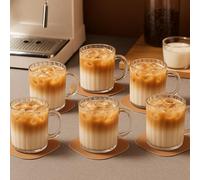 Set of 6 Striped Borosilicate Glass Coffee Mug with Handle, 300ml Heat Resistant Clear Glass Cup for Hot Tea, Latte, Cappuccino, Espresso, Cold Drinks, Lightweight Dishwasher Safe Modern Design