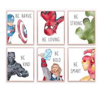Set of 6 Superhero Wall Art with Affirmations, Be Brave, Be Strong, Be Bold, Boys Room Decor, Kids Wall Art Prints (A4-21 x 29.7 cm)