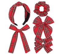Set of 6 Tartan Bow Hair Clips for Baby Girl and Mom Women Plaid Headbands Scrunchies Scottish Hair Bows for School Girls (6 pcs Tartan Red)