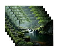 Set of 6 Waterfall Moss Linen Table Mats | Tranquil Natural Forest Placemats, Washable Heat Resistant Dark Green Place Mats for Dinner Table Party Decor, 45 x 30 cm