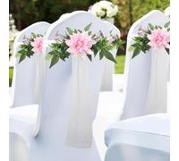 Set of 6 Wedding Aisle Pew Flowers Chair Back Flowers Artificial Dahlias with Bows Tulle for Ceremony Celebration Seat Church Bench (Pink)