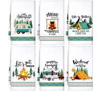 Set of 6 White Absorbent Camping Kitchen Towels - 24 x 16 Inches with Funny Sayings - Novelty Gifts for RV Campers