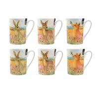 Set of 6 Wildlife Mugs New Bone China 9oz Tea Coffee Cup Hare Fox Deer Wildflower Design Durable Microwave Dishwasher Safe Kitchen Office Gift Mug 9oz Everyday Drinkware