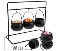 Set of 6 Witches Cauldron Serving Bowls Cauldron on a Rack Creative Halloween Bowls Black with Hooks Plastic Witches Cauldron Bowl Halloween Serving Cauldron Candy Bucket Decorations