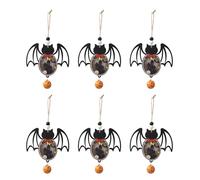 Set Of 6 Wood Hanging Ornament With Soft Lighting Pumpkin/Bat/Spiders Pendant Halloween Festivities Home Decoration Intricate Carving Detail
