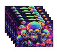 Set Of 6Pcs Neon Colors Skull Mushroom Placemats,Psychedelic Colors Placemats 40 X 30 Cm Decoration For Halloween Festival Farm Party Kitchen