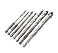 Set of 7 Eccentric Hex Shank Drill Bits with Four Flute Spiral Design for Glass Tile Punching and Drilling on Ceramic, Concrete, and Hard Plastic