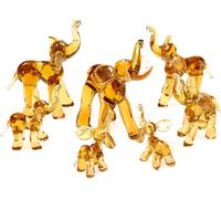 IK Style Elephant Family Set Of 7 Figurines With Trunks Facing Upwards - Handmade From Amber Color Glass - Good Luck Elephants Gift