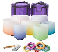 Set of 7 Frosted Chakra Quartz Crystal Singing Bowls for Sound Healing 814 Inch 432/440 hz with Travel Carry Case Bag & Silk Brocade Cushion