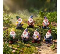 Set of 7 Miniature Dwarf Garden Figurines, Gnome Small Statues Ornament Weatherproof Resin Realistic Hand Painted Balcony Patio Outdoor Indoor Flower Pot Gift