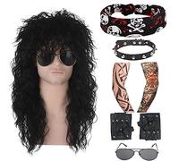 Set of 7 Mullet Wig Men's Costume Set Tomigo Black Vintage Hip Hop Rocker Star 70s 80s Wig for Women / Men Halloween Carnival (Black)