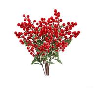 Set of 8 Artificial Holly Berry Branches for Seasonal Decorating and Craft Projects Featuring Natural Stem Design and Synthetic Construction for Lasting Use (red)