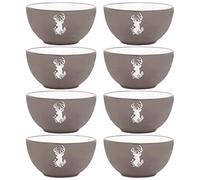 Set of 8 Bowls - Hand Painted Grey & White Reindeer Stoneware Crockery Dinner Service Dishwasher & Microwave Safe Christmas Dinner Table Breakfast Cereal Soup Pasta Dessert Serving Bowl